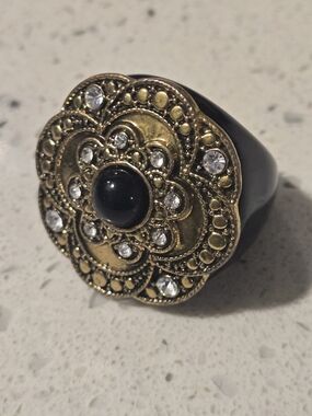Vintage Statement Ring with Large Round Antiqued Gold Tone Finish
